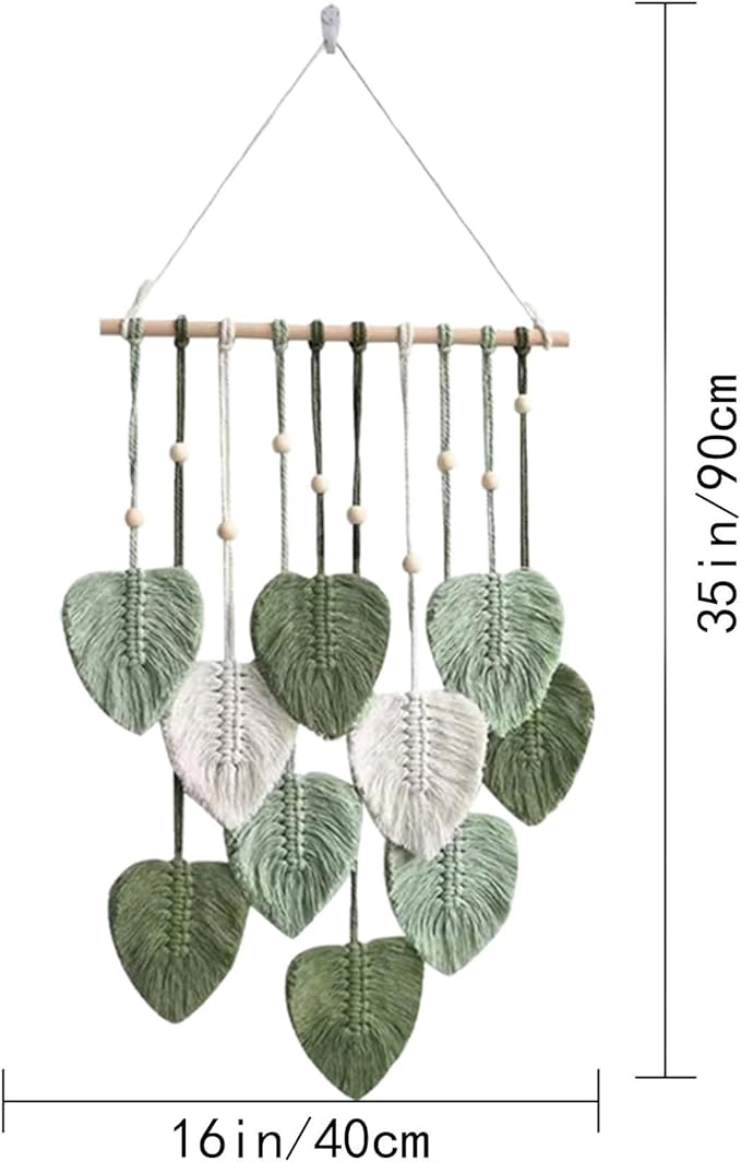 LB Macrame Wall Hanging Decor, Boho Chic Feather Wall Decor Macrame Photo Wall Hanging Handmade Yarn Woven Wall Art Green Leaf Tapestry for Bedroom Living Room Nursery Office Backdrop, 16x35 Inch