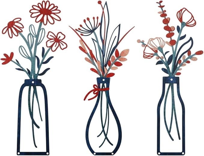 Bochino 3 PCS Metal Flowers Wall Arts, Rustic Farmhouse Decor Minimalist Flower Wall Decors for Living Room Bathroom Bedroom Dining Room Kitchen, Perfect Housewarming Gifts (M-Red Navy Blue)