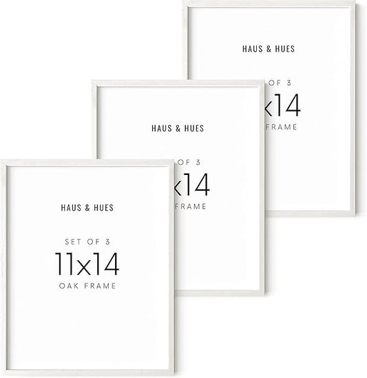 HAUS AND HUES White Oak Wood 11x14 Picture Frames - Set of 3, Gallery Wall Frames for Photos and Prints
