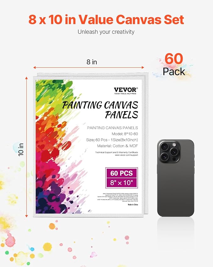 VEVOR Canvas Boards for Painting, 8 x 10 Inch White Canvases for Painting, 60 Pack Painting Canvas Panels for Sketching, Acrylic and Oil Painting, Watercolor, Paint Canvas for Kids and Professionals