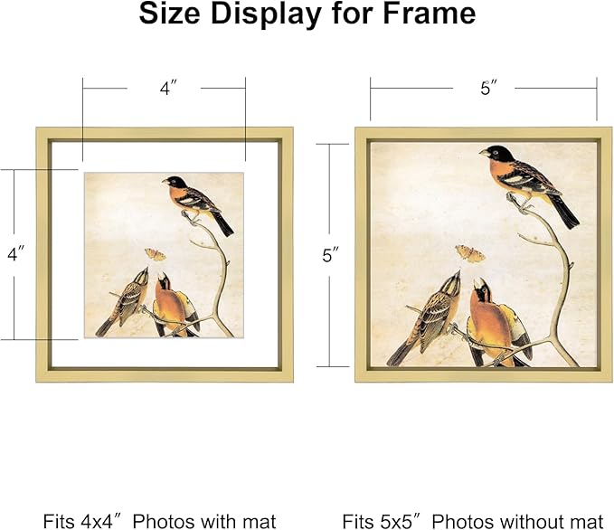 5x5 Picture Frame, Brass Metal Photo Frames with HD Glass, Fits 4x4 with Mat or 5 x 5 without Mat, Display for Wall and Table, 1 Pack
