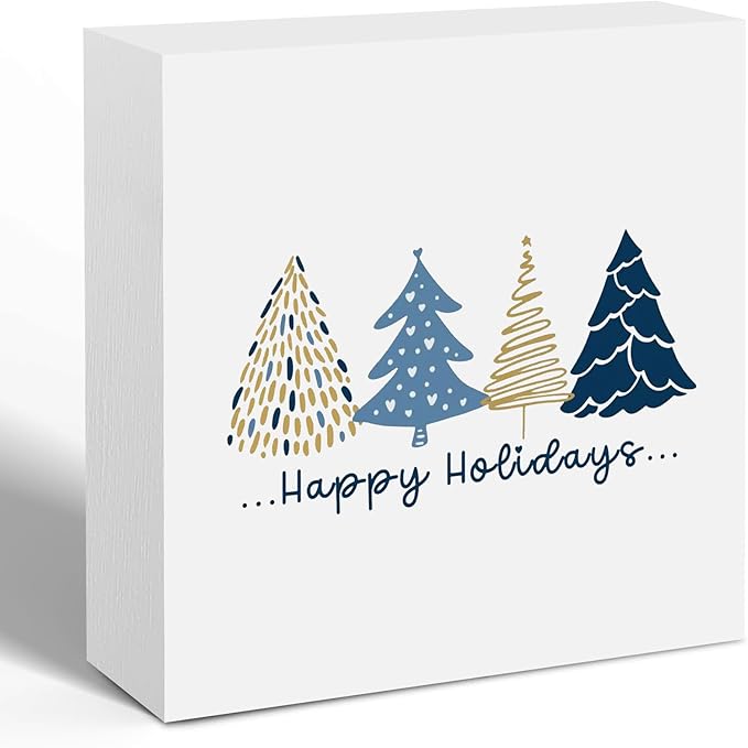Navy Blue and Gold Christmas Tree Wooden Box Sign, Preppy Christmas Desk Decor, Minimalist Xmas Tree Winter Happy Holiday Wood Signs for Home Office Desk Shelf Tabletop Decor, 5x5 Inch Decorative Signage