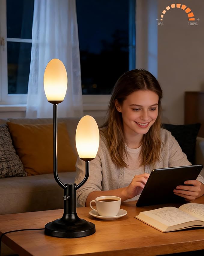 Lightdot Mid Century Modern Table Lamp Vintage Black Dimmable Plug in Small Bedside Lamps with Oval Shade Cute Desk Lamp Nightstand Reading Light for Bedroom Office Living Room