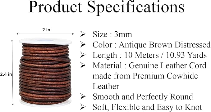 GENIQUE Real/Genuine Round Leather Cord for Jewelry Making, Leather String Cord for Crafting, Necklace, Bracelets, Braiding, Wraps (3mm, Antique Brown Distressed)