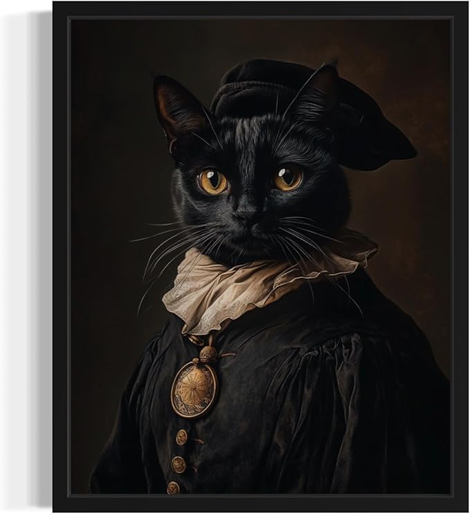 Renaissance Cat Art Poster Print, Cat Kitten Painting Humor Portrait Pet Artwork Decor Gallery A8 (Renaissance Cat, 8 x 10 inches, Black Frame)