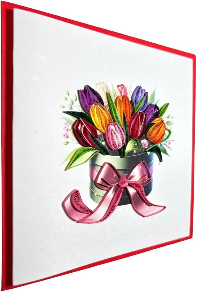 Handmade Quilling Tulip Flower Box Card – 3D Pop-Up Multicolor Floral Greeting with Red Envelope – Blank Inside – Birthday, Mother’s Day, Thank You, Anniversary