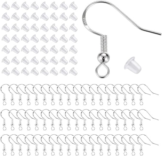 925 Sterling Silver Hypoallergenic Earring Hooks 100 Pairs for Jewelry Making, Fish Hook Earrings Making Kit, DIY Earring Findings Jewelry Making Supplies, with 200 PCS Earring Backs，Christmas Gifts