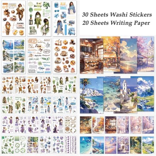 YagCu Scrapbook Sticker Book, 50 Sheets Journaling Stickers, Junk Journal Supplies, Pre-Cut Aesthetic Washi Materials, Scrapbooking for Adults, Decorative Ephemera Planner Arts Craft - Image 4