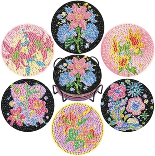 DOTSOPS 6 PCS Flowers Diamond Painting Coasters for Beginners with Holder by DOTSOPS