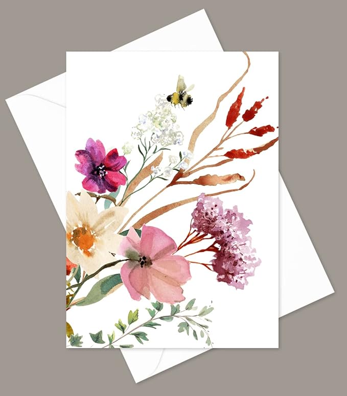 Wildflowers Greeting Cards - Set of 10 All Occasion 5x7 Note Cards with Envelopes. Blank Inside. Watercolor Designs of Wildflower Bouquets