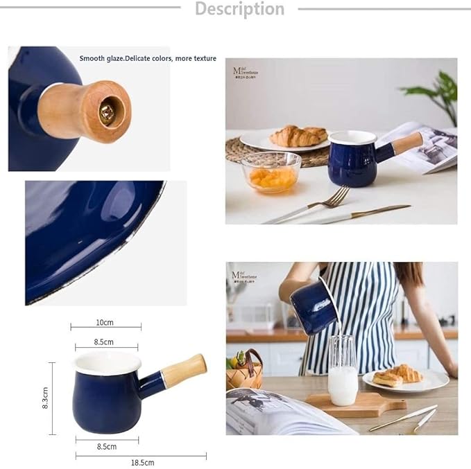Enamel Milk Pot, Small Saucepan Milk Pot Butter Warmer 4 Inch 17 Oz Enamel Small Sauce Pan with Wooden Handle, Perfect Size for Heating Smaller Liquid Portions. (Blue）