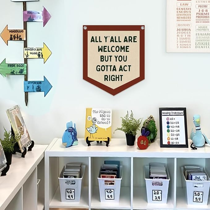 Lacama Classroom Wall College Dorm Decor, All Y'all Are Welcome But You Gotta Act Right Banner, Retro Wall Hanging Banner Pennant Flag for Bedroom Kids Room Playroom Decor,12.4x14 in