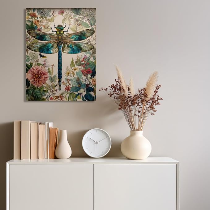 GDSRGXC Vintage Botanical Dragonfly Canvas Wall Art, Turquoise and Gold Insect Print with Floral Background, Nature Home Decor (16''x24'')