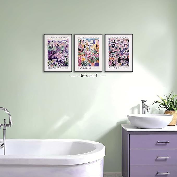 XLARTMY Flower Market Wall Art Prints Canvas Purple and Pink Floral Paintings Colorful Botanical Travel Flower Posters for Home Decor Pictures Set of 3 for Living Room Bedroom 12x16in Unframed