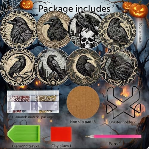 LWZAYS 8 Pcs Halloween Diamond Art Coasters Kit - DIY 5D Horror Crow Diamond Painting Coasters with Holder, Mini Small Diamonds Arts Kits for Adults Coaster, Gem Art Arts and Crafts for Adults - Image 3