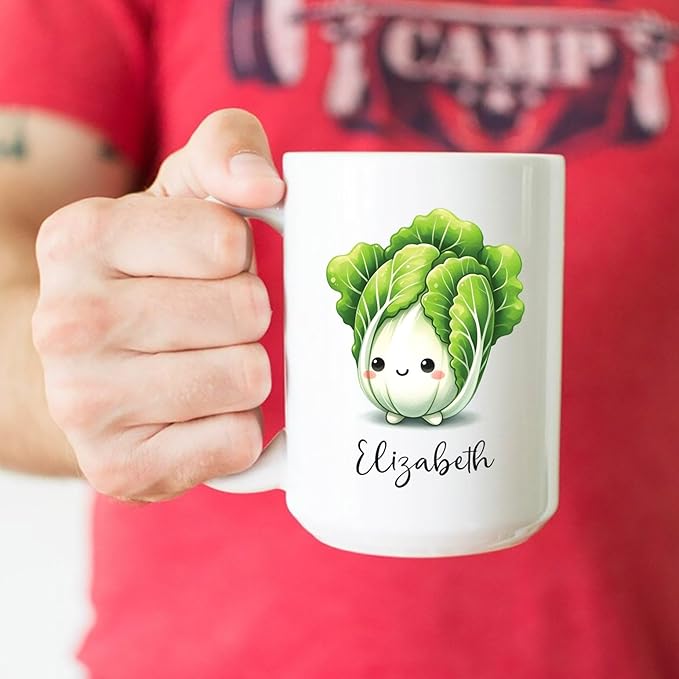 Personalized Chinese Cabbage Mugs, Chinese Cabbage Gifts For Friend Coworker, Custom Name Vegetable Ceramic Cup 11oz 15oz, Cute Chinese Cabbage Vegetable Lover White Travel Mug, Cabbage Fans Cup