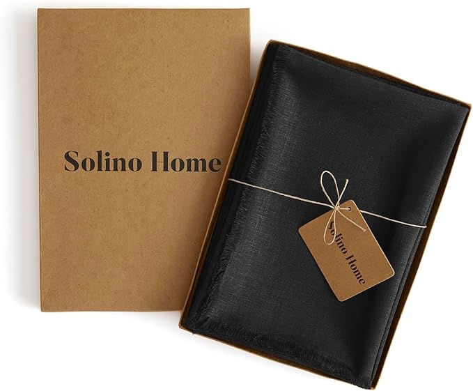 Solino Home Black Linen Napkins Set of 4-100% Pure Linen Cloth Washable Dinner Napkins 20 x 20 Inch for Spring - Fringe