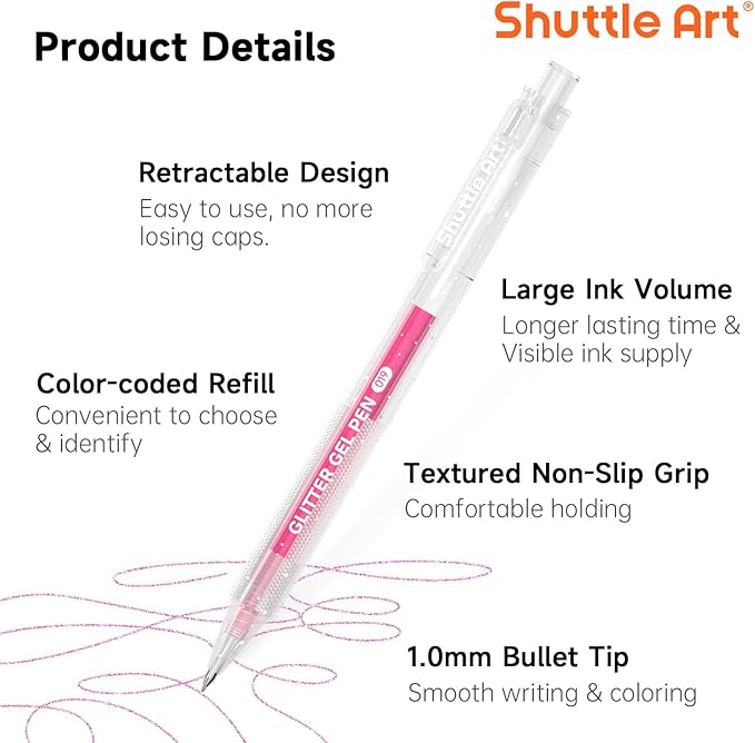 Shuttle Art Glitter Gel Pens, 24 Vibrant Sparkle Retractable Glitter Colored Gel Pens Set 1.0mm Bold Point Smooth Writing for Adults Coloring Books Drawing Doodling Scrapbooking Journaling