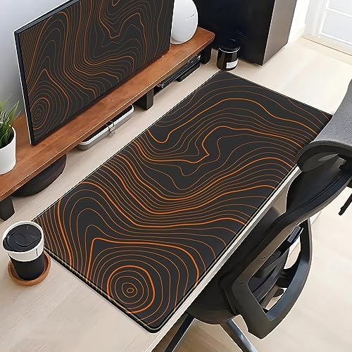 Black Desk Pad Large Gaming Moues Mat Minimalist Orange Topographic Map Desk Mat Extended XL Mousepad 31.5 x 15.7 in, with Anti-Slip Desk Pad Keyboard Stitched Edges Long Computer Keyboard Mouse Mat - Image 4