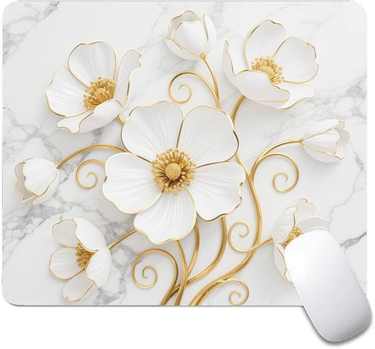 Square Mouse Pad White Marble Flowers, Personalized Premium-Textured Custom Mouse Mat Design, Washable Mousepad Cloth, Non-Slip Rubber Base Computer Mouse Pads for Wireless Mouse