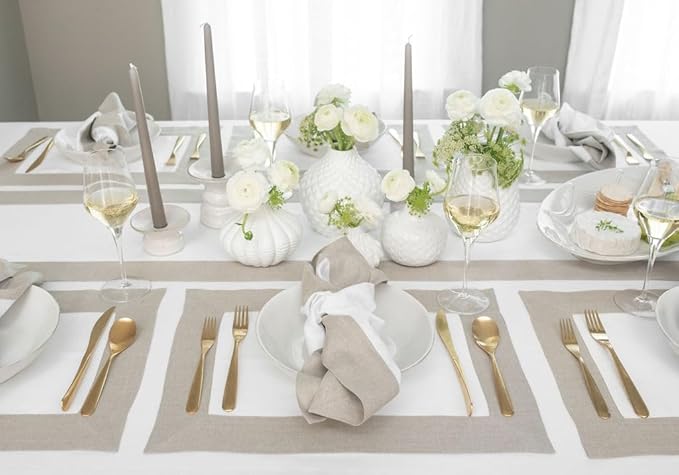 Solino Home Linen Table Runner 120 Inches Long - 100% Pure Linen Natural and White Dining Table Runner 14 x 120 Inch for Winter, Spring, Easter - Contempo