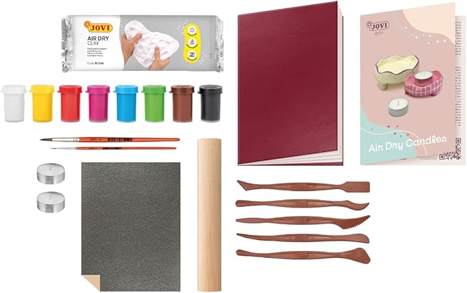 Jovi - DIY Air Dry Kit & Candles - Pottery Kit for Adults, Making Candle Holders with White Air Dry Clay + Paints, Sculpting Tools, Step-by-Step Guide and Video Tutorial, Starter Set for Beginners