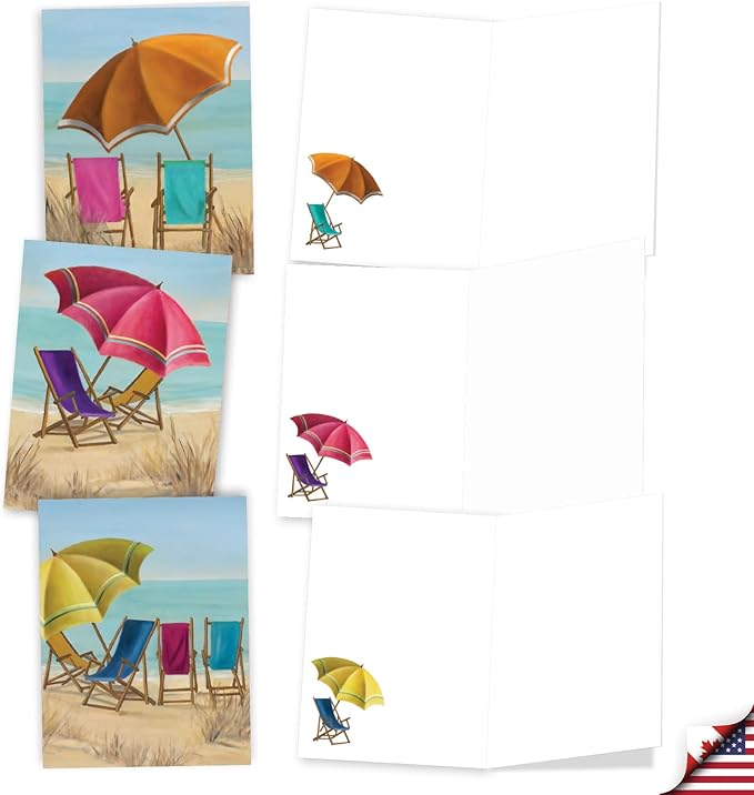 The Best Card Company 20 Assorted Nautical Blank Notecards Box Set 4 x 5.12 Envelopes For Men, Women (10x2 Each) Beach Chairs AM10692OCB-B2x10