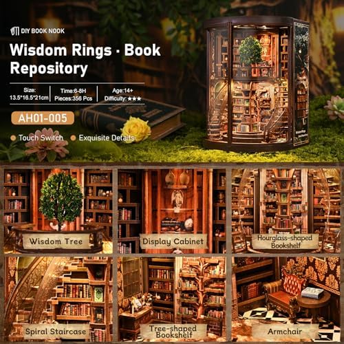 Premium Book Nook Kit, Tree Ring Nature Library Wooden Bookend with LED Lights, Detailed Forest Style 3D Diorama, Minimalist Literary Home Decor, Aesthetic Collectible Craft Gift for Adults Teens 14+ - Image 5