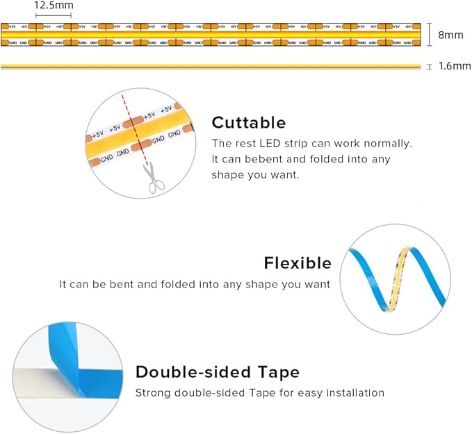 USB LED Light Strip 6.56FT, 5 Volt USB Powered COB LED Tape Lights, 6000K Daylight White 8mm High Density Flexible Strips CRI90+ for TV Backlight Under Cabinet Bedroom, No Controller and Power