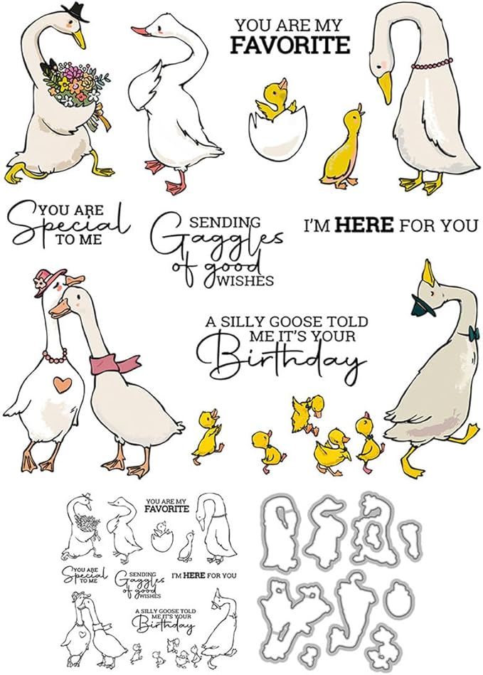 Lovers Goose Flower Stamps and Cutting Dies for Card Making DIY Transparent Silicone Clear Stamp and Metal Die Cuts Sets for Scrapbooking Paper Greeting Cards Decor Seals Craft Supplies