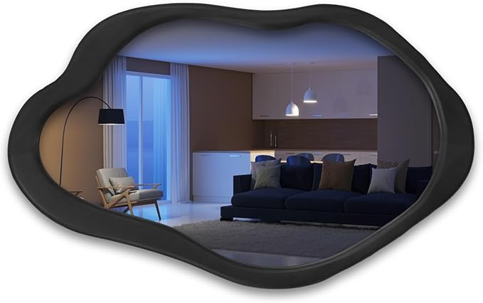 41"x 28" Wavy Cloud Mirror with Black Wood Frame, Modern Decorative Asymmetrical Mirror for Bedroom, Living Room, Entryway