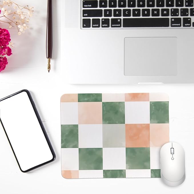 Rusenbao Cute Green Checkered Mouse Pad, Cute Small Mouse Pads for Desk Women, Checkered Office Supplies, Girly Gaming Mousepad for Non-Slip Base, Computer, Office, Laptop, 9.5x7.9 Inch