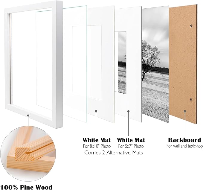 Egofine 11x14 Picture Frames Made of Solid Wood 6 PCS White Covered by Plexiglass - for Table Top and Wall Mounting for Pictures 8x10 or 5x7 with Mat Horizontally or Vertically Display Photo Frame