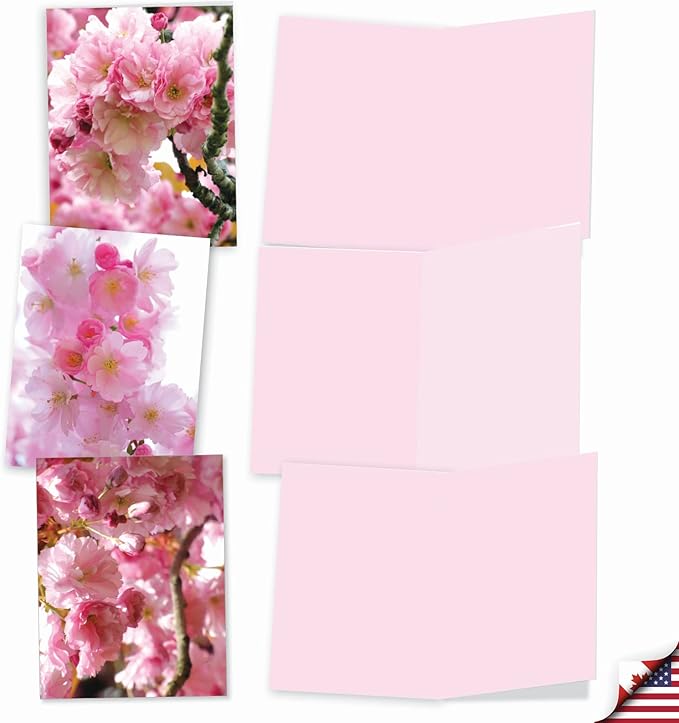 The Best Card Company - 10 Blank Note Cards with Flowers (4 x 5.12 Inch) - Floral Notecards, All Occasion Boxed Assortment - Cherry Blossoms AM6861OCB-B1x10