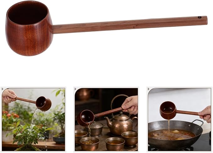 Kichvoe Hishaku Wood Water Ladle - 11.8" Long Handle Japanese Style Dipper | Bath/Sauna Scoop, Deep Serving Soup Spoon for Garden Tea Ceremony
