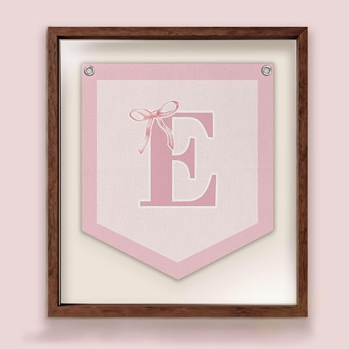 Lacama Initial Personalized Preppy Banner, Baby Girl Nursery Shower Decor Gifts, Coquette Pink Bow Teen Girl Gifts, Vintage Room Decor Toddler Room Bedroom Playroom Front Door Birthday Gift(E)