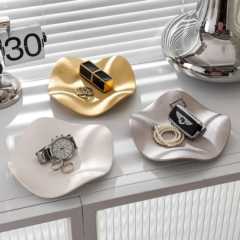 Jewelry Tray Ring Dish Ceramic Trinket Tray Key Tray Flower Wave Shape Birthday Party Wedding Home Decor for Entryway Table Livingroom dresser (Matte White) - Image 4