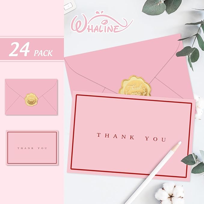 Whaline 24 Pack Red and Pink Thank You Cards Greeting Cards Blank Note Card with Envelopes Stickers for Valentine's Day Wedding Bridal Baby Shower Birthday, 4 x 6 Inch