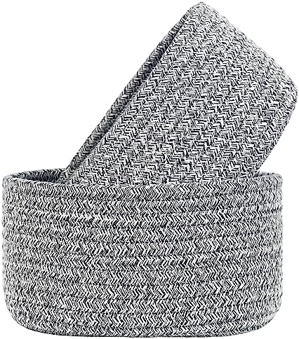 【2 Pack】ABenkle Small Woven Baskets, Tiny Oval Shallow Storage Baskets, Mini Cotton Rope Empty Decorative Basket, Boho Little Organizer Bins for Bathroom, Cat Dog Toy Gifts Baskets by ABenkle