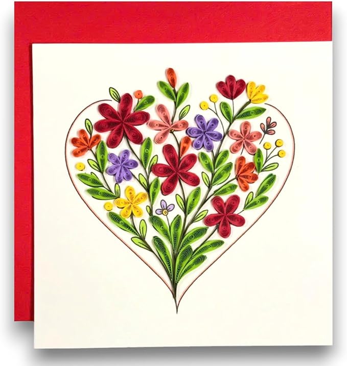 Handmade Quilling Greeting Card Floral Heart Design – Romantic Paper Art for Her, Birthday, Anniversary, Valentine’s Day, Thinking of You, Special Occasion Gift Keepsake