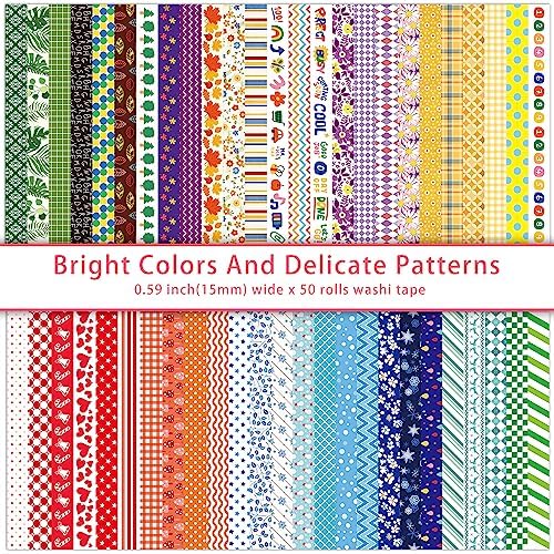 emmoolife 50 Rolls Washi Tape Set, 15mm Wide Rainbow Colored Tape Aesthetic Design Masking Decorative Tape for Scrapbooking Supplies, Bullet Journaling, Junk Journal, Wrapping Planners, DIY Arts Craft - Image 2