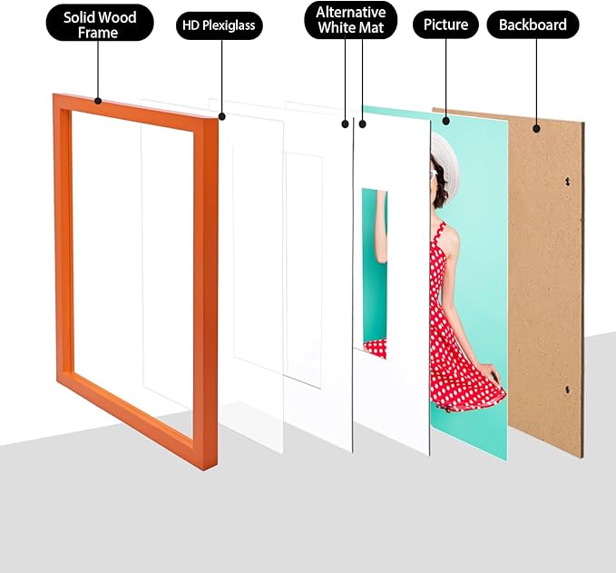 KINLINK 12x16 Picture Frame Orange, Solid Wood Frames with Acrylic Plexiglass for Pictures 11x14/9x12 with Mat or 12x16 without Mat,Wall Display Photo Frame, Set of 4