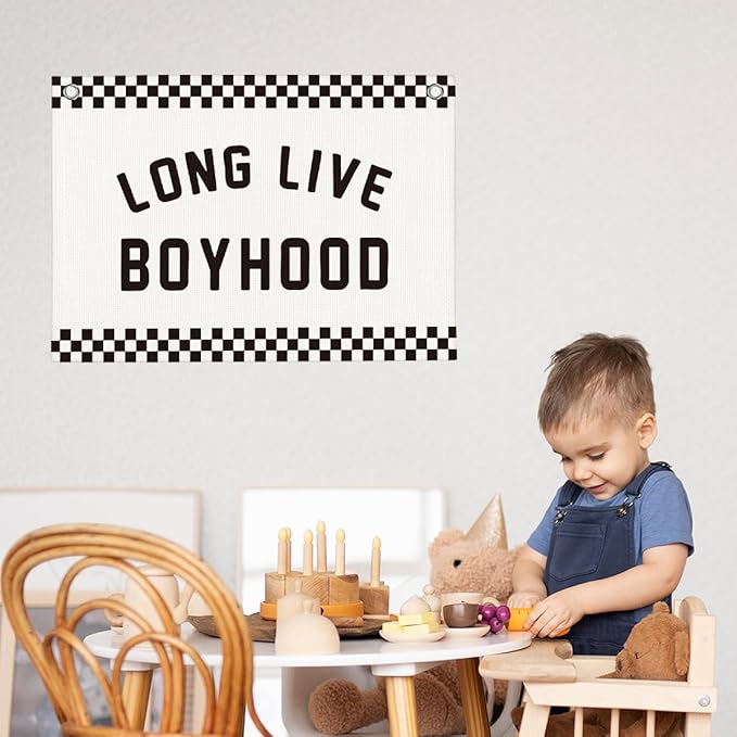 Black and White Checkered Long Live Boyhood Boys Room Playroom Wall Decor Vintage Sports Decor for Nursery Playroom Kids Bedroom Dorm Toddler Decorations 22x28 Inch