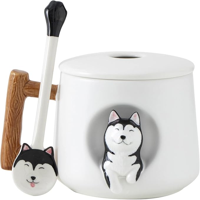 DIHOclub Ceramic Coffee Mug with Lid and Matching Spoon,Novelty 3D Husky Pattern Mug for Tea Milk,Cute Cup for Dog Lovers,14 Ounces (white)