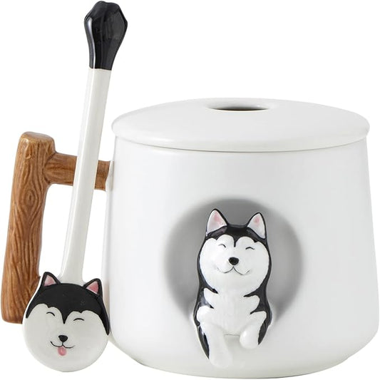 DIHOclub Ceramic Coffee Mug with Lid and Matching Spoon,Novelty 3D Husky Pattern Mug for Tea Milk,Cute Cup for Dog Lovers,14 Ounces (white)