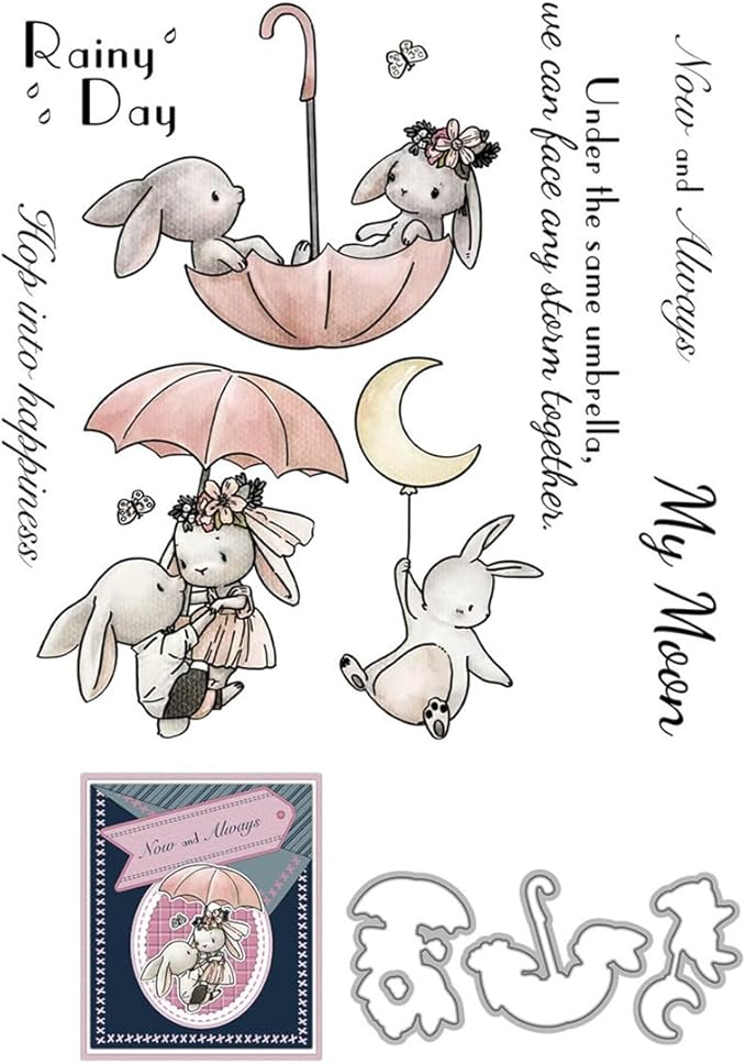Couple Rabbit Umbrella Stamps and Cutting Dies for Card Making DIY Transparent Silicone Clear Stamp and Metal Die Cuts Sets for Scrapbooking Paper Greeting Cards Decor Seals Craft Supplies