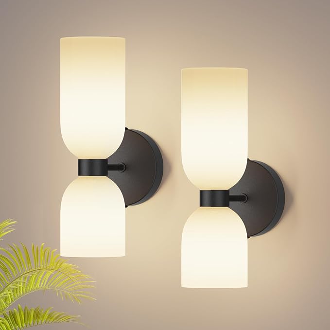 Tipace Black Wall Sconces Set of Two,Modern Bathroom Sconce with Milky White Glass,Hardwired Wall Light Fixtures for Bathroom Living Room Bedroom Hallway,E12 Base(Bulbs Not Included)