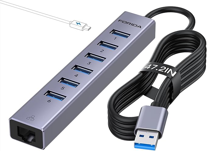 FORIDA 7 Ports USB Ethernet Hub with 3.9ft Long Cable USB Hub for Laptop, USB LAN Adapter with Gigabit Network Port, 5V/3A Power Port, Aluminum MultiPort Extender for PC, iMac, PC, Flash Drives