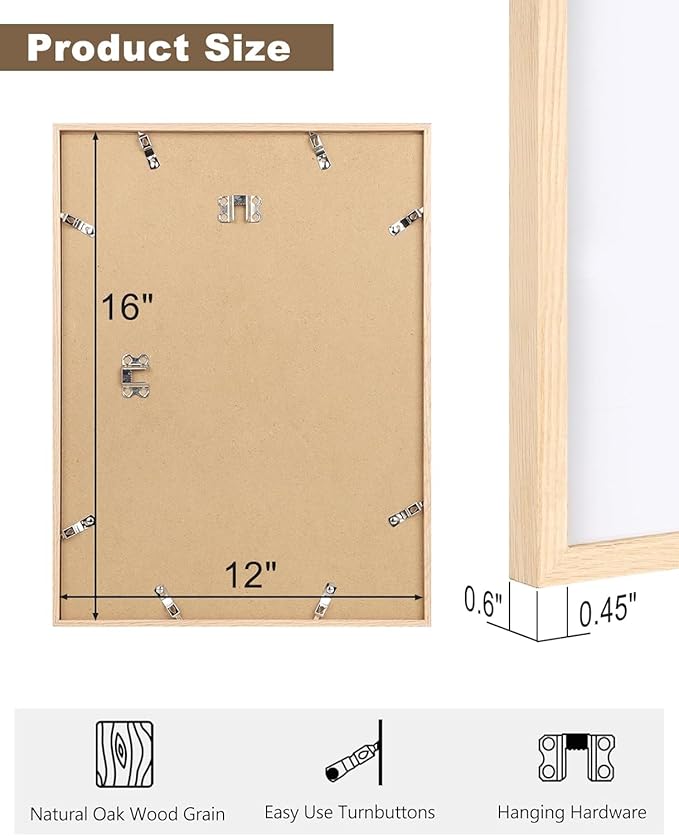 KINLINK 12x16 Frame Natural Oak Wood Frame with Acrylic Plexiglass, 1 Pack