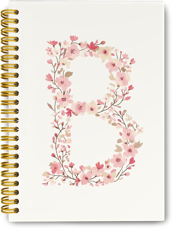 Pink Cute Spiral Notebook Journal, Preppy Floral Initial Letter B Personalized Journaling Notebooks, Monogrammed Gifts for Women Girls, Botanical Hardcover Spiral Lined Notebook 5.5 x 8.3